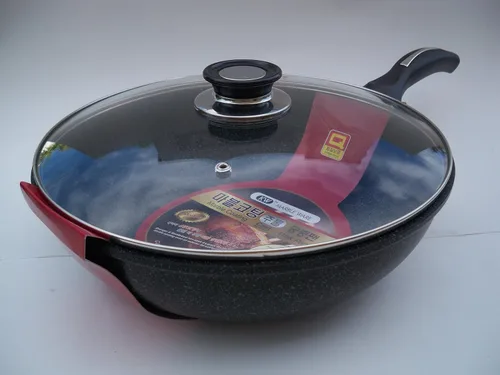Wok de cerámica con revestimiento de mármol fundido de aluminio antiadherente con tapa de cristal, 11.8 in