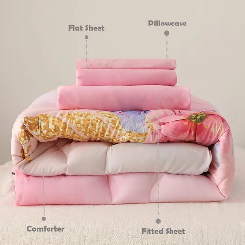 Miniatura 7 de KINBEDY Juego de ropa de cama para niños pequeños, 4 piezas, juego de ropa de cama de unicornio rosa para niñas, suave y lindo diseño floral, juego