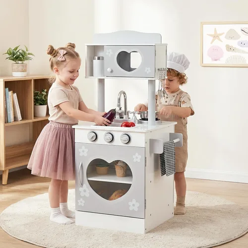 Miniatura 11 de INFANS Juego de cocina para niños, juego de cocina de madera para niños pequeños con estufa de teléfono, gabinete de almacenamiento de microondas