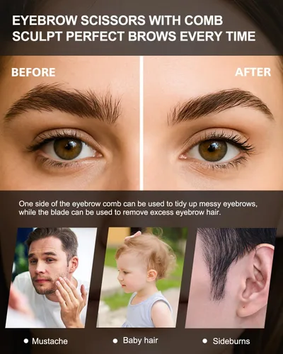 Miniatura 6 de FERYES Tijeras recortadoras de cejas con peines, tijeras de acero inoxidable y peine en uno, tijeras de precisión para recortar cejas para mujeres
