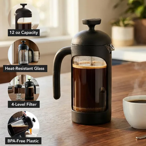 Miniatura 2 de OVENTE Cafetera de prensa francesa de 12 onzas con vidrio de borosilicato resistente al calor y sistema de filtración de acero inoxidable de 4