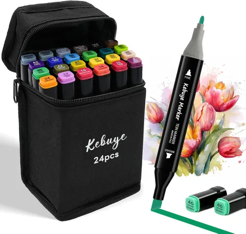 Kebuye Marcadores de Alcohol 24 Colores - Marcador de Dibujo para Libros de Colorear para Adultos Sin Sangrado Marcador de Arte de Punta Doble -