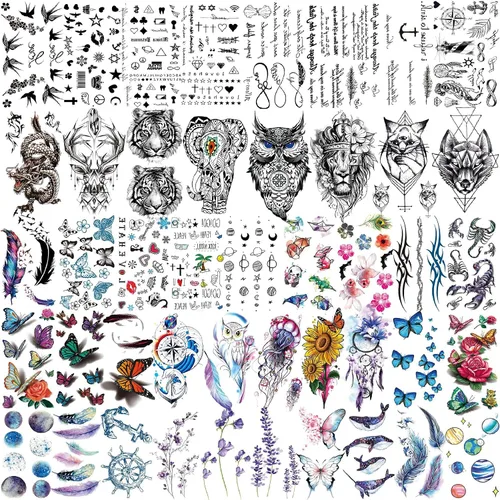 Miniatura 5 de Bilizar 56 hojas de tatuajes temporales de acuarela, búho, tigre, león, para mujeres y hombres, arte corporal, muslo, brazo y muslo, 3D de larga