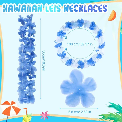 Miniatura 3 de Jexine 250 piezas de collar floral hawaiano a granel tropical Luau Leis verano playa floral para decoración de fiesta de cumpleaños, bodas y Azul