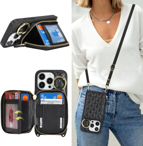 Miniatura 51 de Funda Cartera Bandolera para iPhone 11, Cuero PU Cremallera Bolso Cartera Funda Plegable con Tapa, Funda Folio con Soporte con Ranuras para Tarjetas