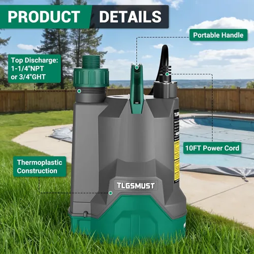 Miniatura 6 de Bomba de agua sumergible eléctrica: Tlgsmust Bomba utilitaria de 1/3 HP, bomba de agua portátil eléctrica termoplástica de 2450 GPH para eliminación