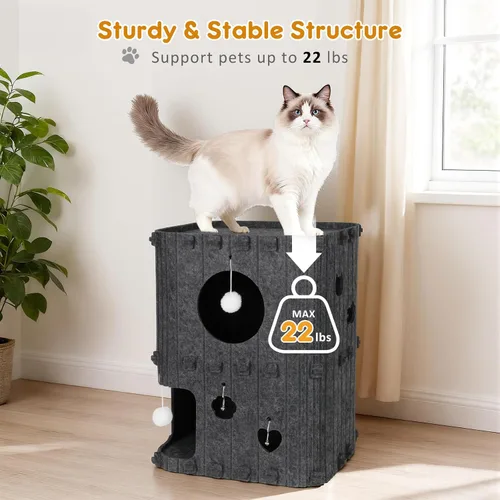 Miniatura 5 de Casa para gatos de interior – Cueva cerrada de 2 pisos para gatos múltiples y grandes, cubierta de fieltro para mascotas, túnel de condominio, cubo