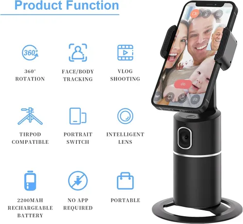 Miniatura 3 de Soporte de teléfono de seguimiento automático, rotación de 360°, soporte de pista de cuerpo facial, trípode de seguimiento para grabación de vlog