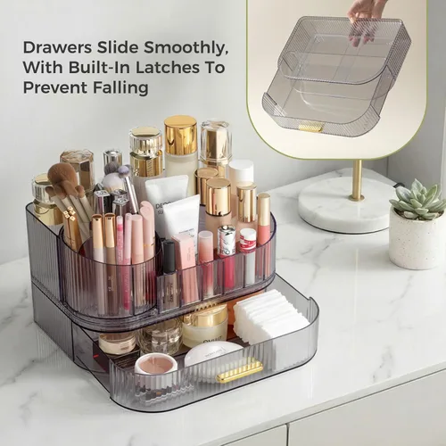 Miniatura 6 de Delamu Organizador de maquillaje para tocador con cajones apilables, soporte giratorio de 360º para brochas de maquillaje, vitrina grande