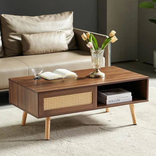Miniatura 10 de Mesa de centro moderna de mediados de siglo con almacenamiento, mesa rectangular de madera de 41.3 pulgadas con panel de puerta deslizante de ratán