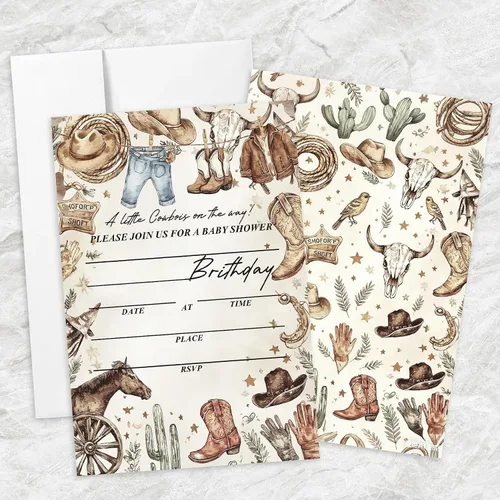 Miniatura 9 de 20 juegos de invitaciones para fiesta de cumpleaños de vaquera Yee Haw con sobres, bola disco occidental de doble cara impresa, tarjetas