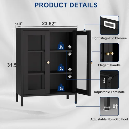 Miniatura 2 de Gabinete de Almacenamiento de Metal para Baño, Gabinete Aparador Negro con Puertas de Vidrio y Estantes Ajustables, Pequeños Gabinetes de Metal