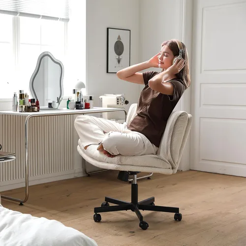 Miniatura 2 de LEAGOO Silla cruzada con ruedas, silla de maquillaje sin brazos con asiento ancho peludo, silla de tocador ajustable en altura, convertible entre