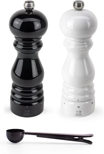 Peugeot Paris u'Select - Juego de molinillo de sal y pimienta manual de 6 ajustes con cuchara de especias de acero inoxidable negro, fabricado en
