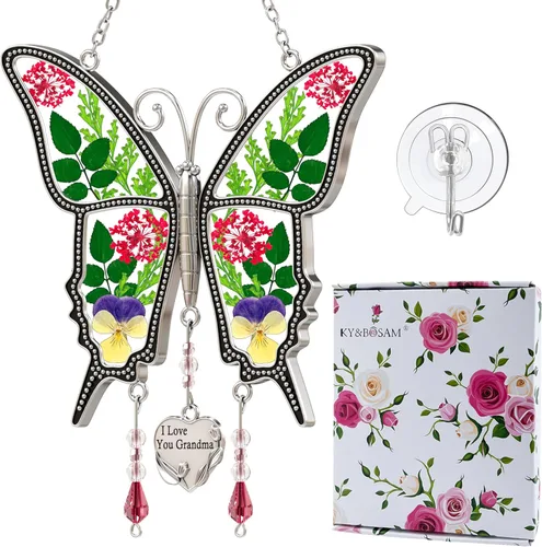 Miniatura 17 de KY&BOSAM Atrapasoles de cristal con diseño de mariposa para colgar ventanas, chaim de viento con flor preservada y dije de corazón de metal, regalo