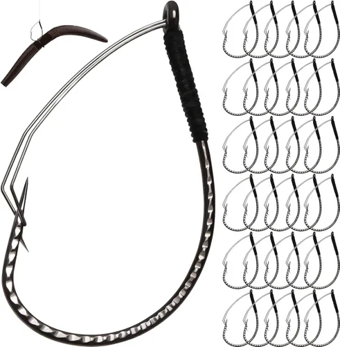 Dovesun 30PCS Weedless Wacky Rig Hooks Worm Fishing Hooks for Bass Fishing Size 1# 1/0 2/0 for Ne-ko, No Sinker Rig Wide Gap with Soft Worm Baits