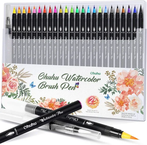 Rotuladores profesionales para acuarela, 24 colores de Ohuhu, pinceles de dibujo a base de agua con un bolígrafo acuático mezclador, soluble en agua