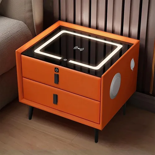 Miniatura 13 de Mesita de noche con estación de carga, mesas auxiliares de dormitorio con bloqueo de huellas dactilares y altavoz, moderna mesita de noche con luz