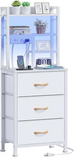 Miniatura 10 de Furnulem - Mesita alta con 3 cajones de tela y luces LED, mesita de noche con estantería, mesas de noche de 45.3 pulgadas de altura con puertos USB