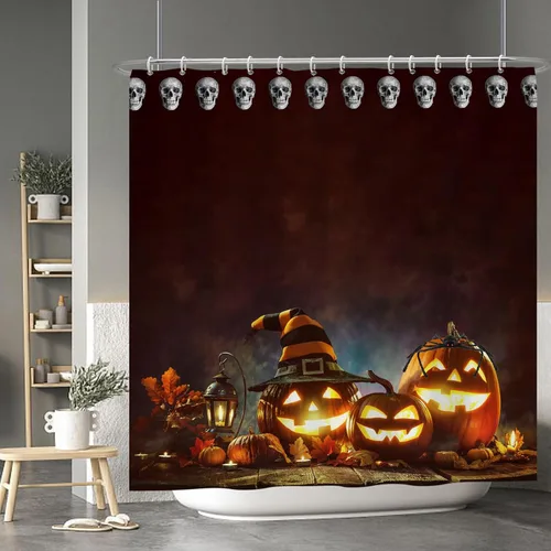 Miniatura 25 de Cortina de ducha de fantasma y gato negro para niños, 36 x 72 pulgadas, espeluznante y bonita, cortina de baño de Halloween con 6 ganchos, cortina