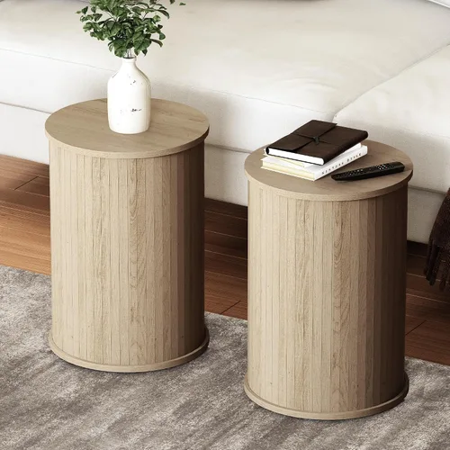 Miniatura 8 de Mesa auxiliar redonda acanalada para sala de estar, moderna mesa auxiliar de madera para sofás y sofás para espacios pequeños, mesa de noche de 21.9