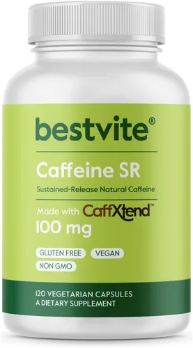 BESTVITE Cafeína 100 mg SR (120 cápsulas vegetarianas) - Liberación sostenida - Vegana - Sin OMG - Sin gluten - Píldoras de cafeína natural