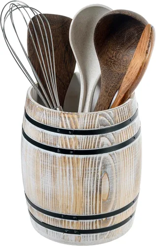 Miniatura 10 de MyGift Cántaro para Utensilios de Cocina Estilo Barril de Ron de Piratas de Madera Rústica Quemada, Soporte para Herramientas de Cocina