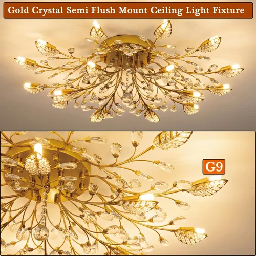 Miniatura 7 de Lámpara de techo de cristal, lámpara de flores, luces de techo semiempotradas de hojas doradas, accesorios de iluminación de cocina para dormitorio