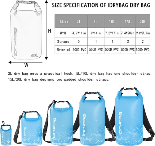 Miniatura 3 de IDRYBAG Bolsa seca transparente impermeable 2L/5L/10L/15L/20L, pequeña bolsa impermeable para kayak