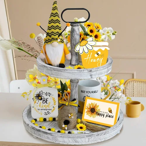 Miniatura 3 de Juego de decoración de bandejas escalonadas de abeja, 6 piezas de decoración de cocina de verano con gnomo, tarro de miel, colmena de abejas