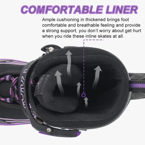 Miniatura 4 de Patines en línea ajustables para niños, niñas y niños, color morado y negro, todas las ruedas iluminan patines para niños principiantes al aire