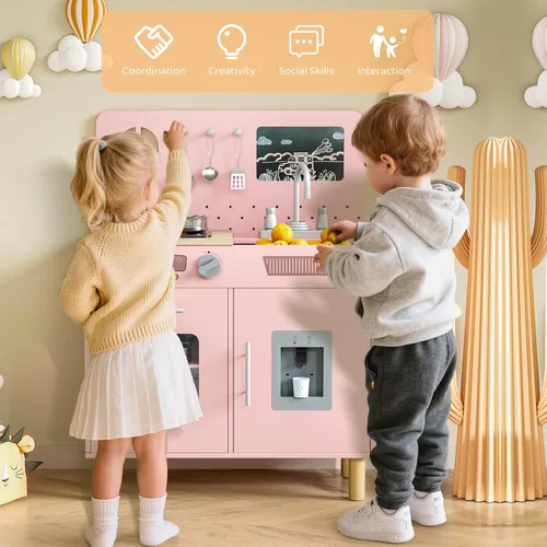Miniatura 7 de MAMIZO Juego de cocina para niños, juego de simulación con pizarra y luces y sonidos realistas, cocina de madera interactiva definitiva con sonidos