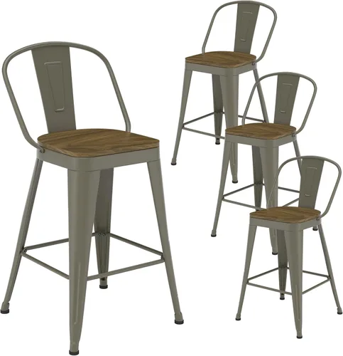Miniatura 26 de Juego de 4 taburetes de bar de metal, taburetes de bar con respaldo alto con asiento de madera, taburetes de bar negros de 24 pulgadas para isla