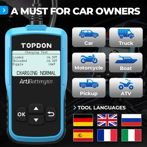 Miniatura 5 de TOPDON AB101 Probador de Batería de Coche 12V Probador de Carga de Batería de Coche en Sistemas de Arranque y Carga, Analizador de Alternador
