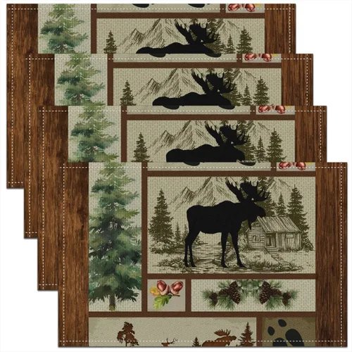 Miniatura 9 de Manteles individuales con diseño de silueta de oso, ciervos salvajes, estampado de patas, a cuadros, para niños, adolescentes y adultos