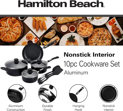 Miniatura 2 de Hamilton Beach Juego de utensilios de cocina cubiertos de aluminio, sartén antiadherente, horno holandés con mango de baquelita suave al tacto, Negro