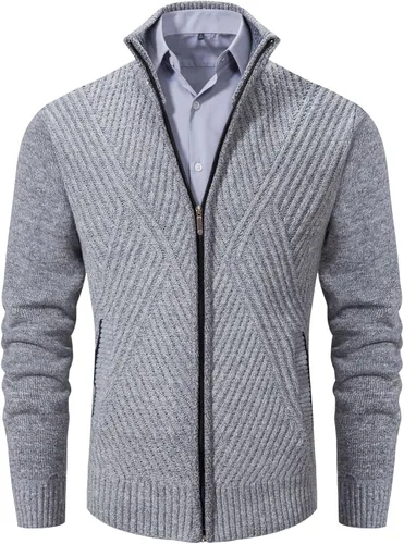Miniatura 25 de VtuAOL Suéteres tipo cárdigan para hombre, con cremallera completa, cuello alto, cárdigan de punto casual con bolsillos