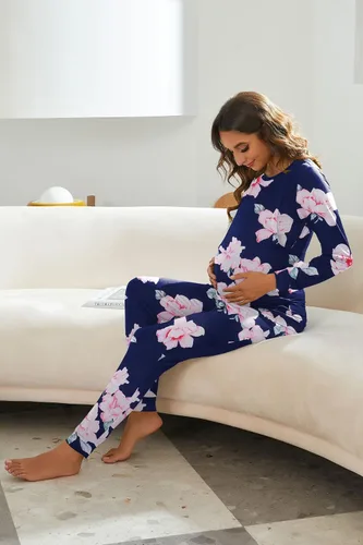 Miniatura 5 de Ekouaer Conjunto de ropa interior térmica de maternidad y lactancia, conjunto de pantalones largos de punto a rayas, capa base superior e inferior