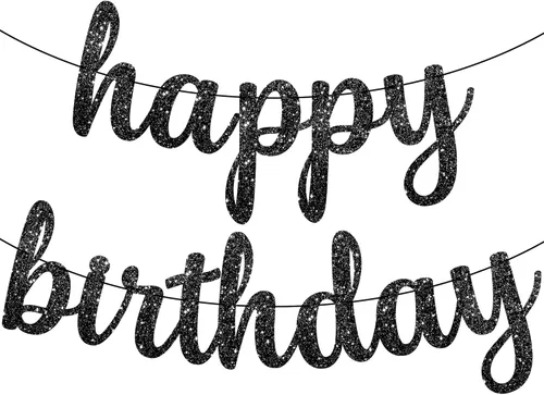 KatchOn, Cartel de feliz cumpleaños negro cursivo con purpurina – pre-encordado, 10 pies | Cartel de feliz cumpleaños | Decoraciones de cumpleaños