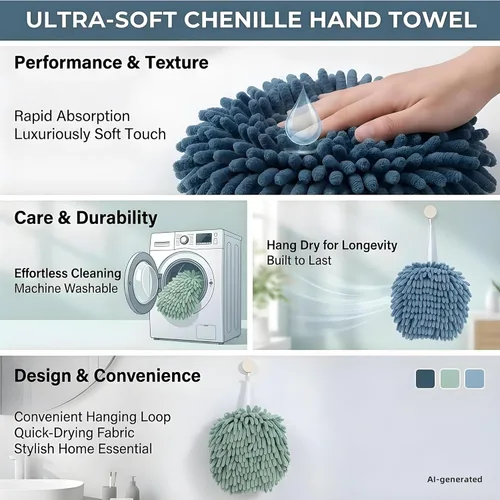 Miniatura 3 de Juego de 3 toallas de bola de felpilla suave y absorbente, de secado rápido, para baño/cocina, paquete de 3