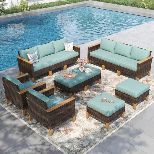 Miniatura 16 de PHI VILLA Otomana de mimbre para patio, 2 piezas, asiento otomano de mimbre para todo tipo de clima, reposapiés para exteriores con cojines