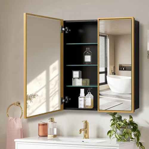 Miniatura 22 de Botiquín de baño de 16 x 20 pulgadas con espejo con marco dorado, gabinete de almacenamiento empotrado o de montaje en superficie, diseño rústico