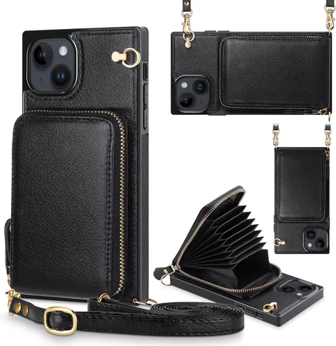 JAKPAK Funda tipo cartera de cuero con cremallera para iPhone 14 [6.1 pulgadas] - Bolso cruzado 3 en 1 con tarjetero - Funda de piel sintética a