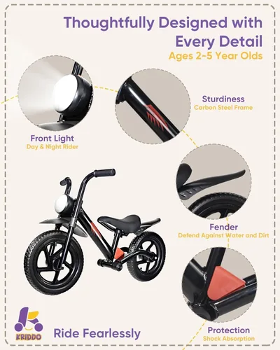 Miniatura 4 de KRIDDO Bicicleta de equilibrio para niños de 2 a 5 años, con luz delantera, neumáticos mejorados para todo terreno, rodamientos mejorados para una