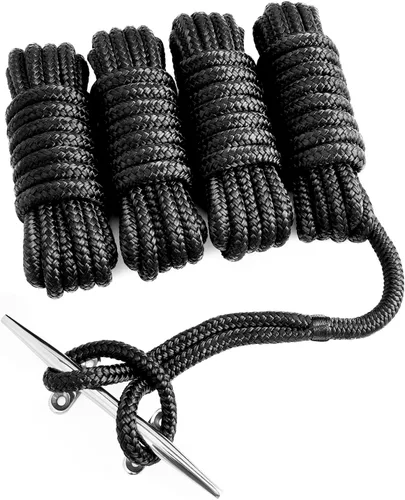 Young Marine paquete de 4 líneas de muelle de 1/2” x 4,5 metros de grado marino, cuerda doble trenzada de nailon con ojal de 30,5 cm. Cuerda de Negro