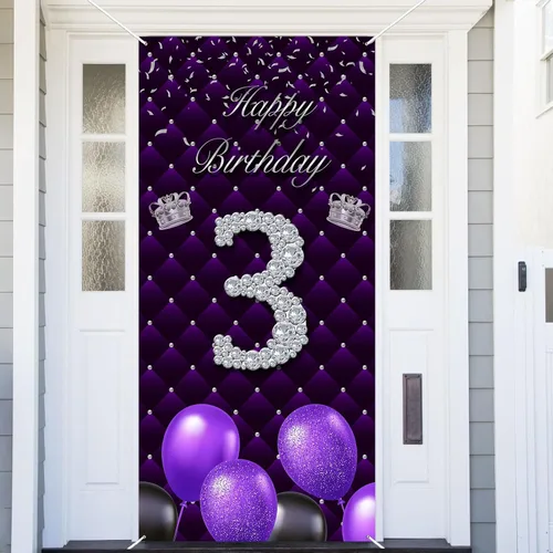 Miniatura 37 de Cartel morado de feliz primer cumpleaños telón de fondo para cabina de fotos, globos de corona plateada, decoración temática para niña, aniversario