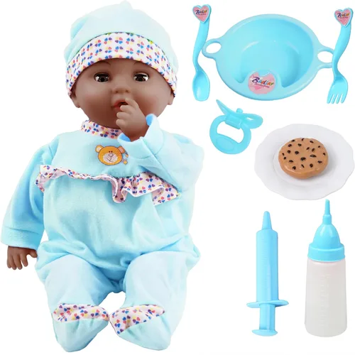Miniatura 8 de Toy Choi's Muñeca de bebé interactiva de 16 pulgadas, color azul, muñecas de alimentación que lloran y hablan con diferentes sonidos y accesorios