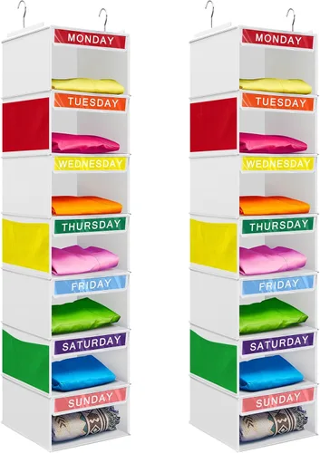 Miniatura 10 de Amylove Organizador semanal de ropa para niños, 2 piezas, con 7 estantes, organizador colgante de armario de 11.8 x 11.8 x 50 pulgadas, actividades