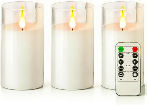 NICEME Velas sin llama parpadeantes con control remoto y temporizador, velas LED a batería de acrílico irrompible con llama parpadeante de 3D, mecha