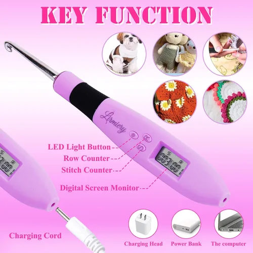 Miniatura 5 de Juego de Ganchos de Ganchillo con Cuenta Digital, Gancho de Ganchillo Ergonómico con Luz LED y 2 Niveles de Brillo Ajustable, Ganchos de Ganchillo
